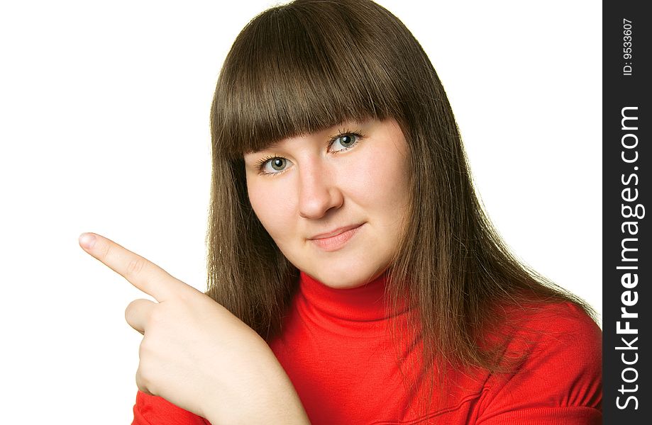 Woman showing gesture isolated over white. Woman showing gesture isolated over white