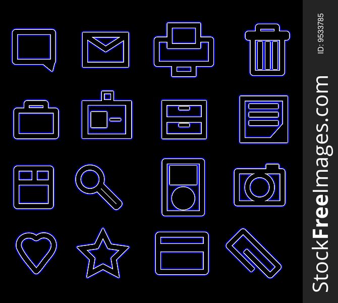 A set of 16 bold thick line point business icons that include mail, printer, speech, touch, sight, accessibility, trash, camera, document, music, shopping, attachment. A set of 16 bold thick line point business icons that include mail, printer, speech, touch, sight, accessibility, trash, camera, document, music, shopping, attachment.