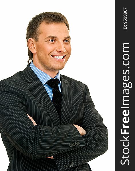 Assured young businessman in reflection on white background. Assured young businessman in reflection on white background