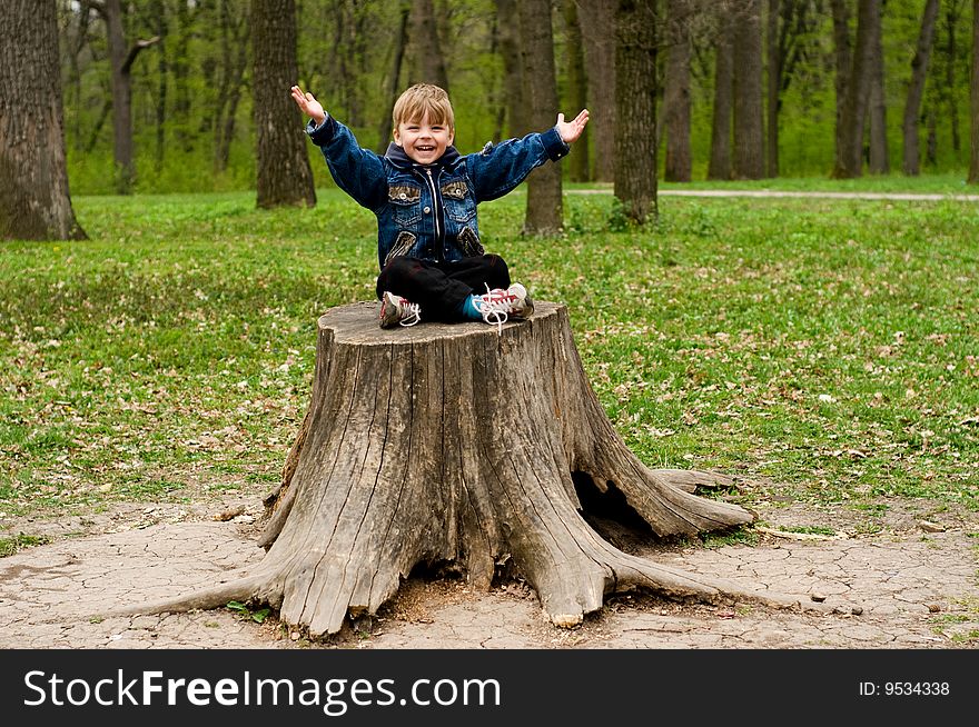 The spring, wood, the little boy sits on the stump. The spring, wood, the little boy sits on the stump