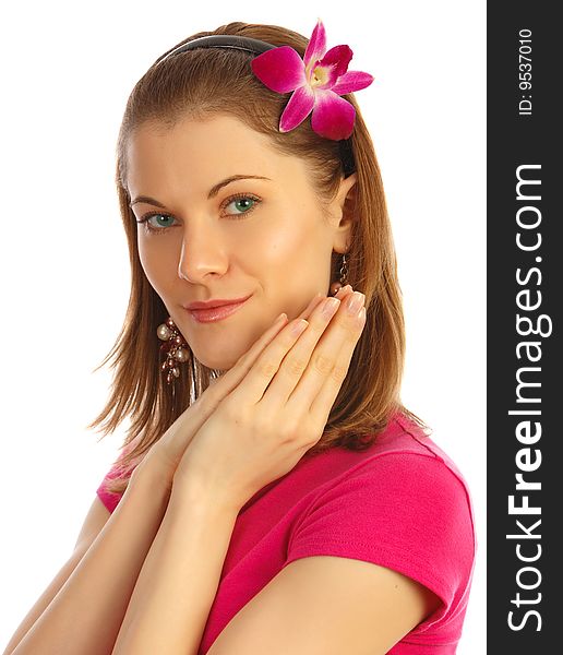 Smiling Girl With A Flower. Isolated On White