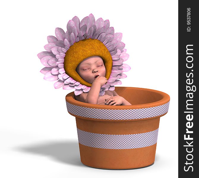 Rendering of a young baby in a flower-pot. With Clipping Path and shadow over white. Rendering of a young baby in a flower-pot. With Clipping Path and shadow over white