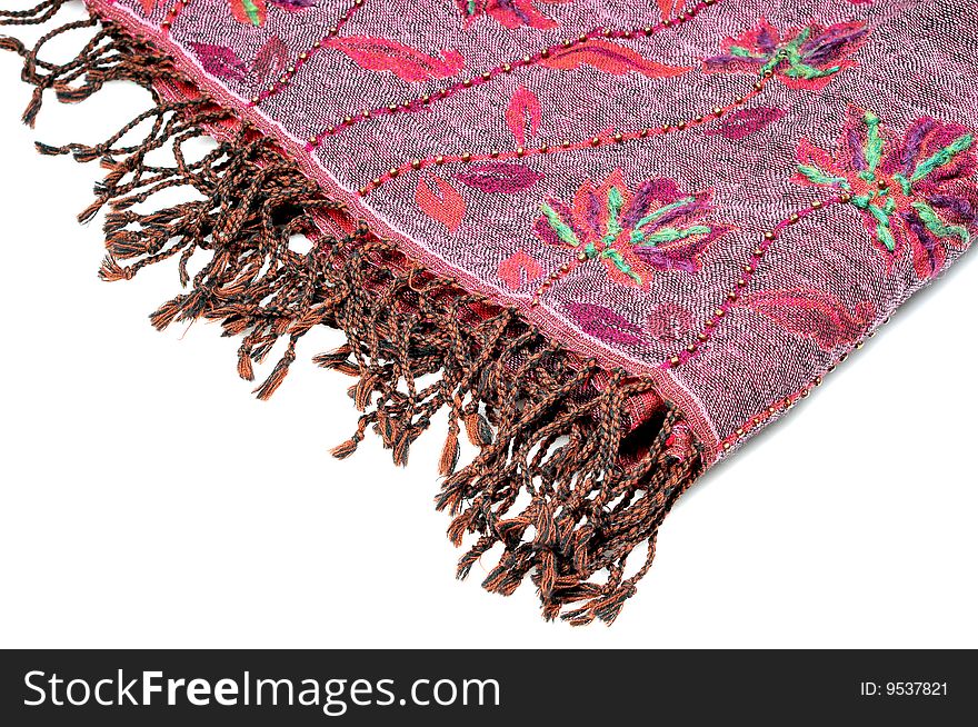 Pashmina shawl with embroidery isolated on white.