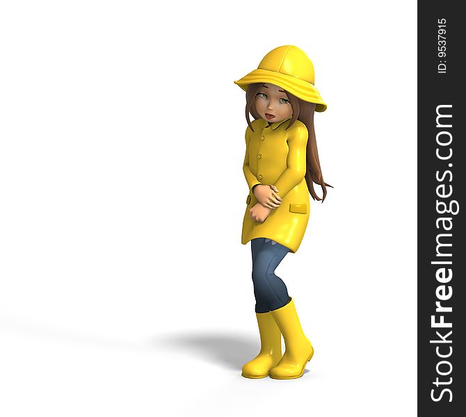 Cute litte toon girl has fun in rain. with clipping path and shadow over white