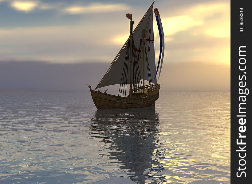 Sailing vessel in the sea on a sunset