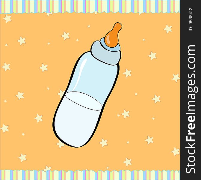 Cartoon vector illustration of baby bottle  on the retro striped  background