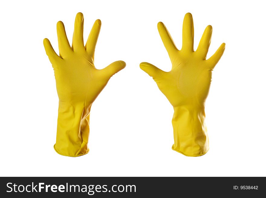 Yellow rubber gloves on white with clipping path