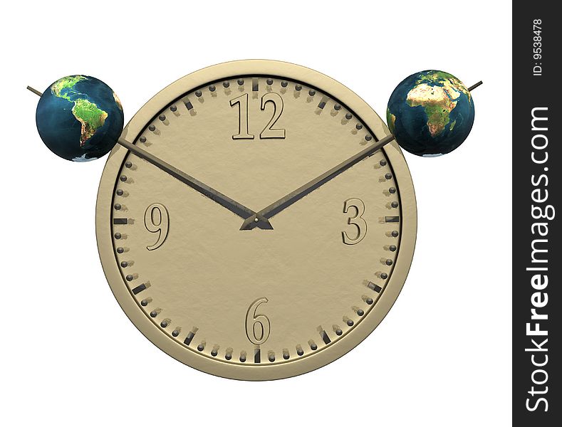 Wall clock with two earth isolated on a white