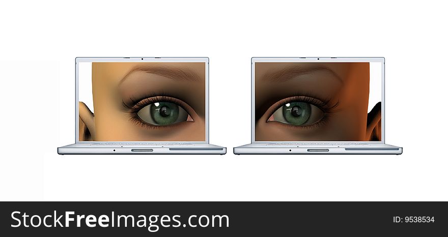 Girl eyes on a laptop screens isolated on a white background
