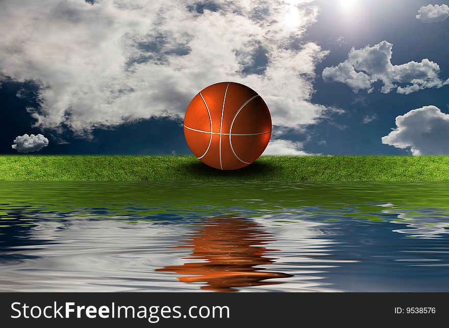 Basket ball on the green grass with sky background
