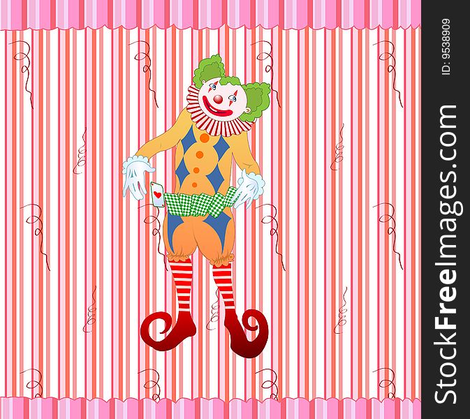 Vector illustration of clown juggling colorful playing card on the retro striped background