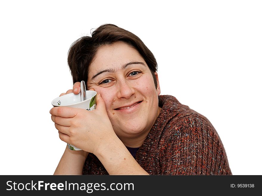 Smiling Woman With Cup Isolated