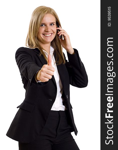 Attractive businesswoman on the phone ok sign