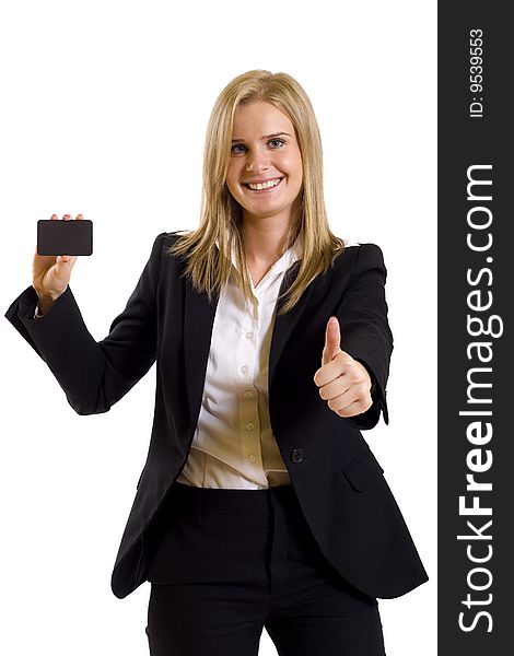 Attractive businesswoman holding a blank card and making her ok sign. Attractive businesswoman holding a blank card and making her ok sign