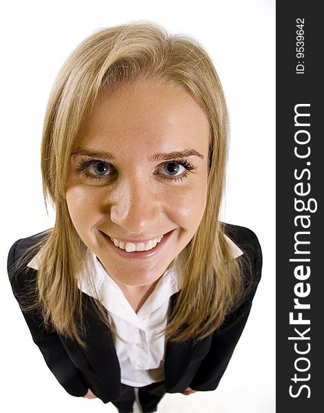 Wide angle picture of an attractive businesswoman over white background