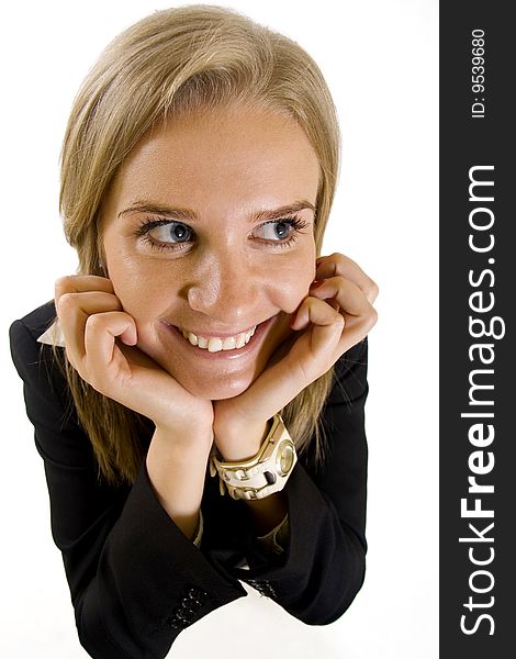 Wide angle picture of an attractive businesswoman smiling