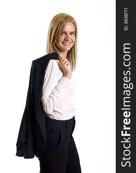 Attractive businesswoman with coat on her back. Attractive businesswoman with coat on her back