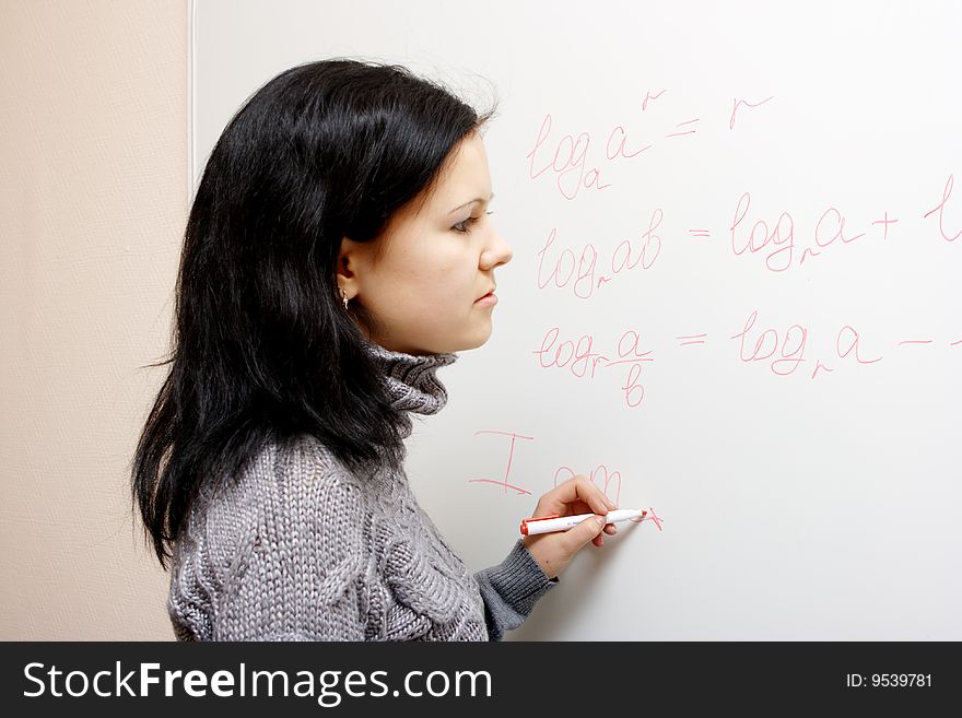 The girl the student at a lesson of mathematics