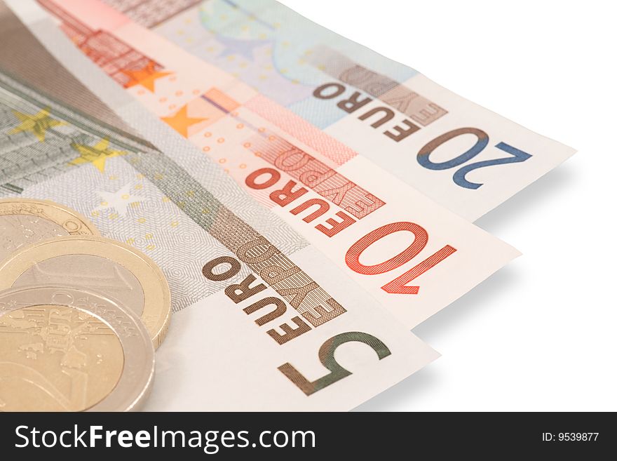 Close up of euros banknote and coins on white background with shadow. Close up of euros banknote and coins on white background with shadow