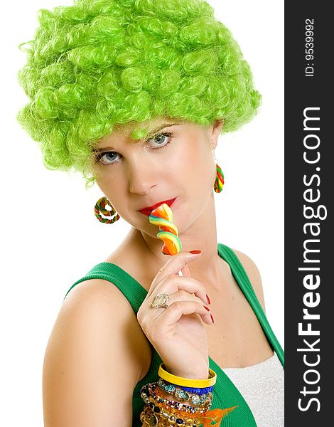 Attractive Woman With Green Wig Sucking On A Lolly