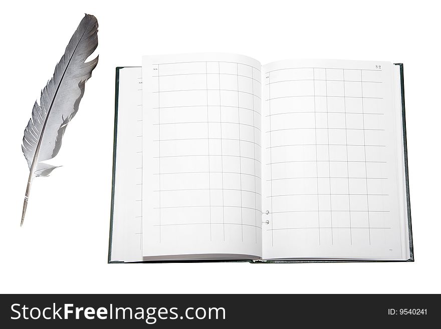 Feather and account book under the white background