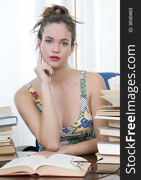 Beautiful Librarian Woman With Her Books At Work