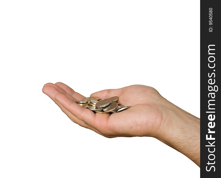 Hand with coins isolated on white background