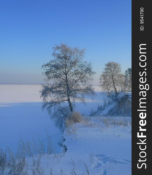 Winter Volga rock in frosty day