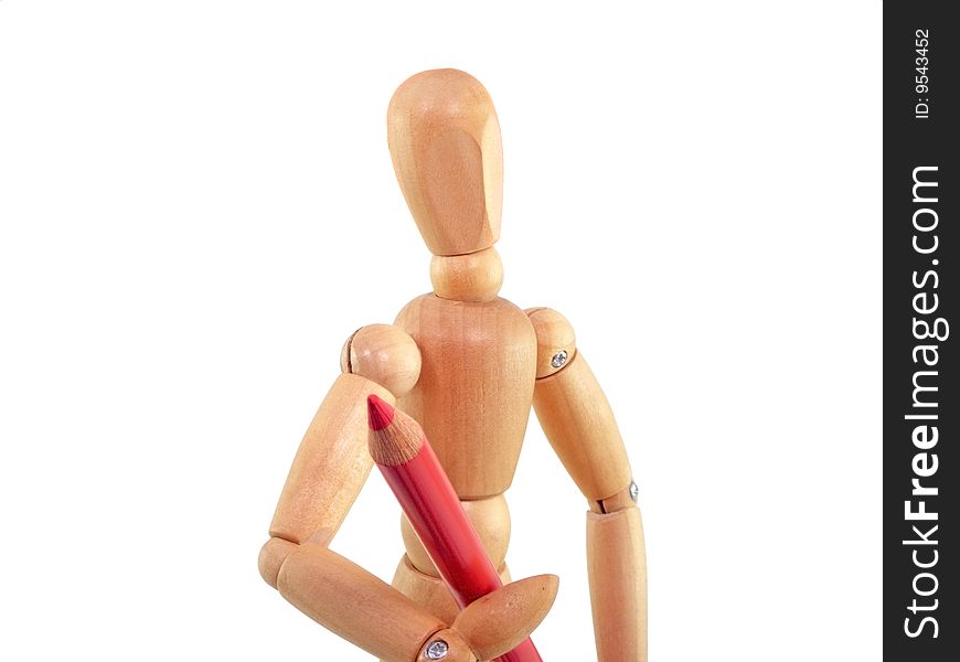 Wooden artist mannequin holding a red colored pencil.