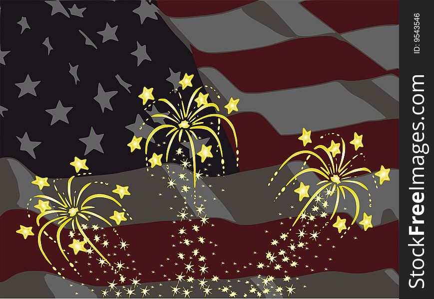 Yellow-gold fireworks in front of an American flag. Yellow-gold fireworks in front of an American flag