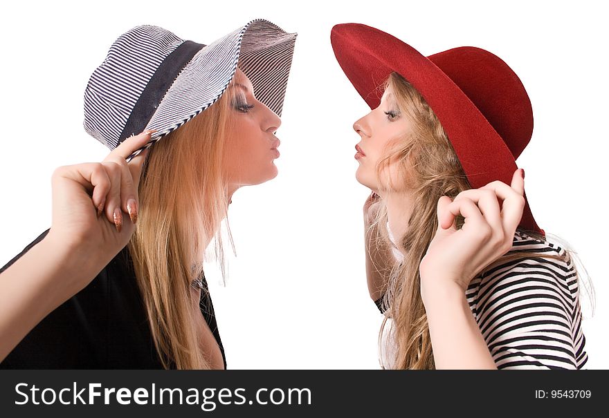 Kissing similar blonde sister isolated on white with clipping path