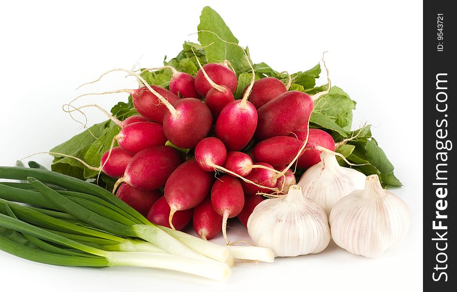 Spring onions, garlic, lettuce and radish bunch on the white background