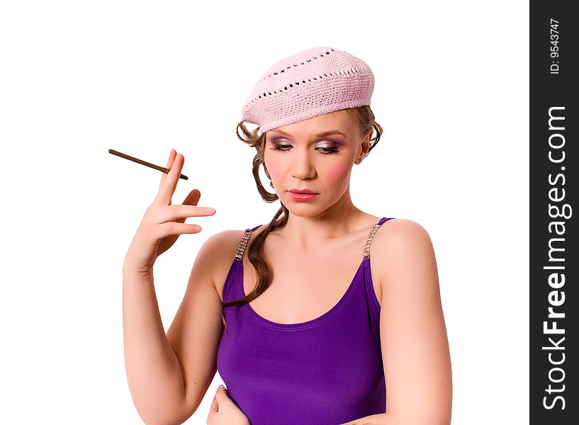 French female in beret smoking isolated