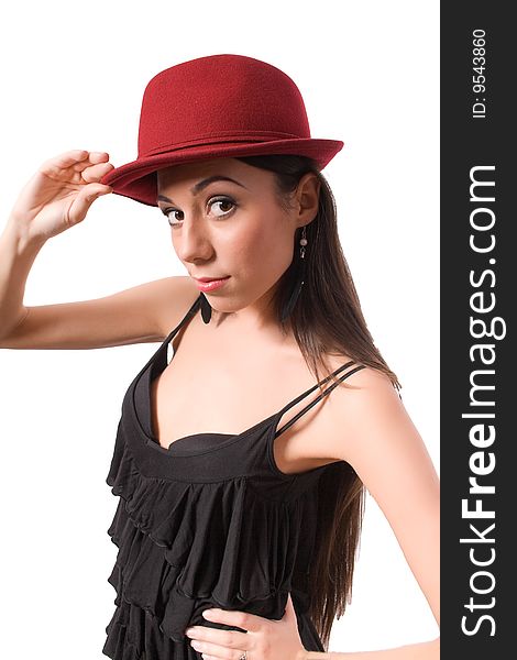 Brunette female in red hat isolated on white with clipping path