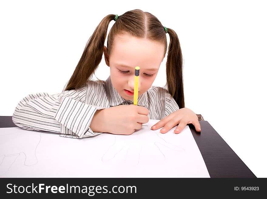 Drawing or writing little girl with tails isolated on white with clipping path. Drawing or writing little girl with tails isolated on white with clipping path