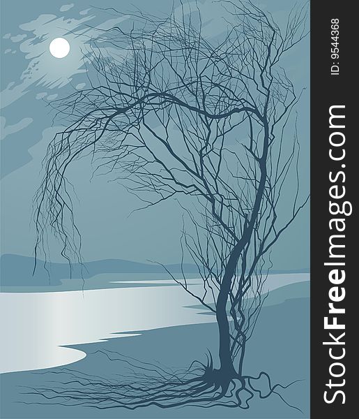 Melancholy landscape with moon, river and tree. Melancholy landscape with moon, river and tree