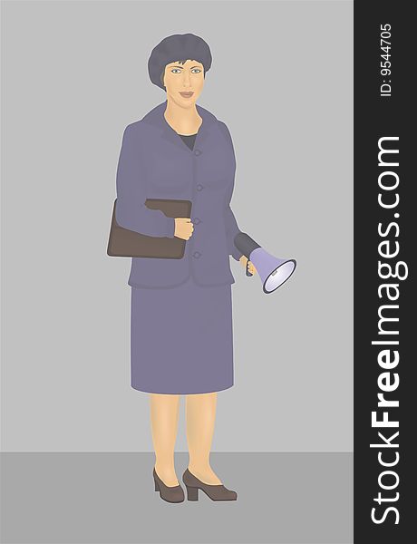 Vector illustration of women. On her head is beret. In one hand she holds a folder. In the other hand she has a megaphone. She dressed in the blue suit. Vector illustration of women. On her head is beret. In one hand she holds a folder. In the other hand she has a megaphone. She dressed in the blue suit.