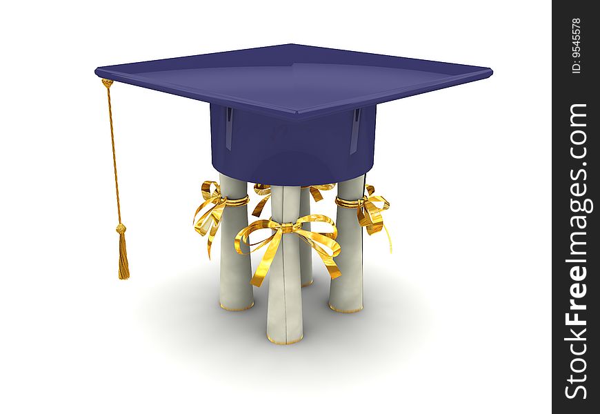 Bachelor cap stand on diplomas. On white background. Bachelor cap stand on diplomas. On white background
