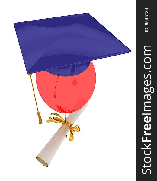 Bachelor cap dressed on balloon. Isolated on white. Bachelor cap dressed on balloon. Isolated on white