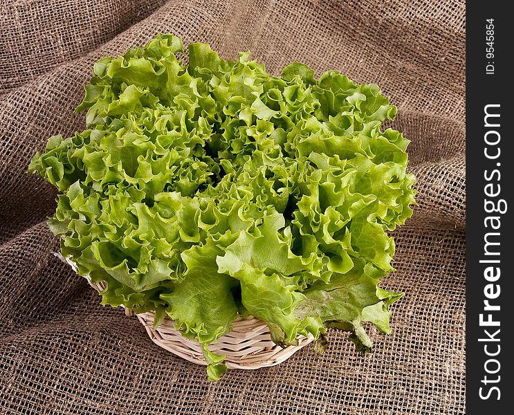 Green lettuce in basket on rough linen fabric.