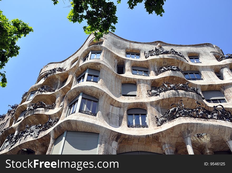 Picture of one of Antoni Gaudi's creations, La Pedrera, Barcelona, Spain. Modernist period architecture.