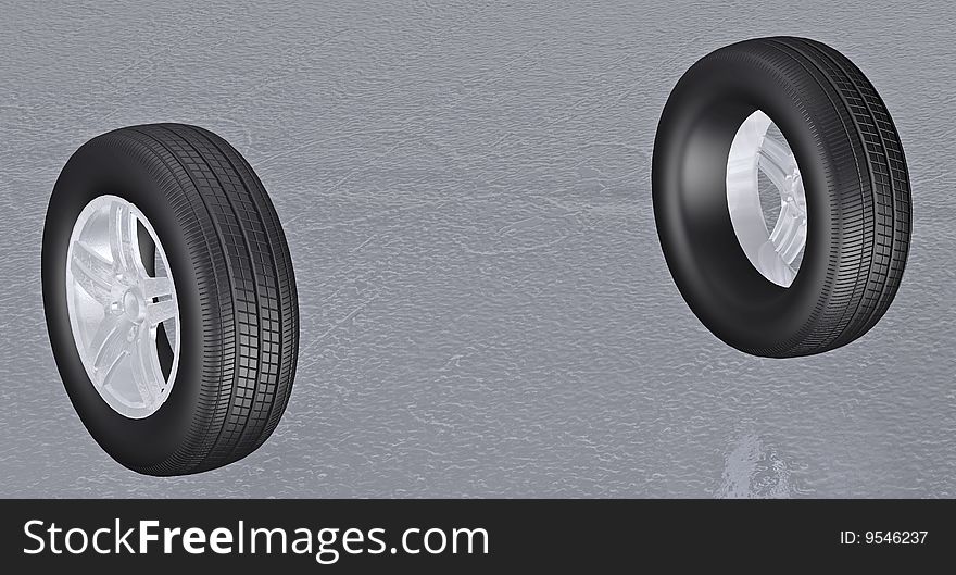 Tires 3d concept illustration on grey background