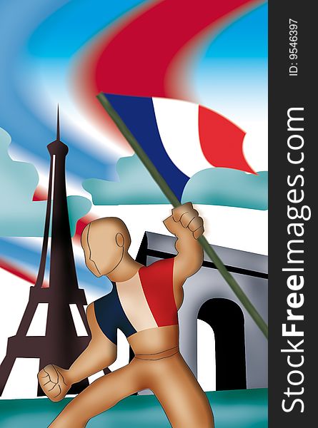 Illustration of a man holding flag of france. Illustration of a man holding flag of france