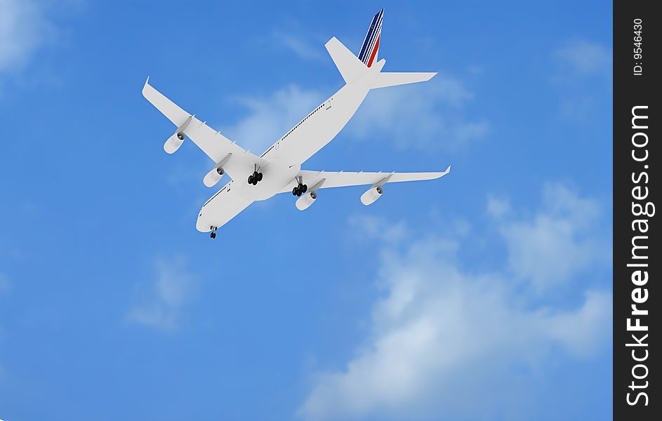 Large white plane flying in blue sky.
