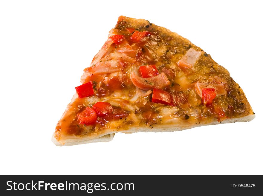 A slice of pizza isolated on a white background