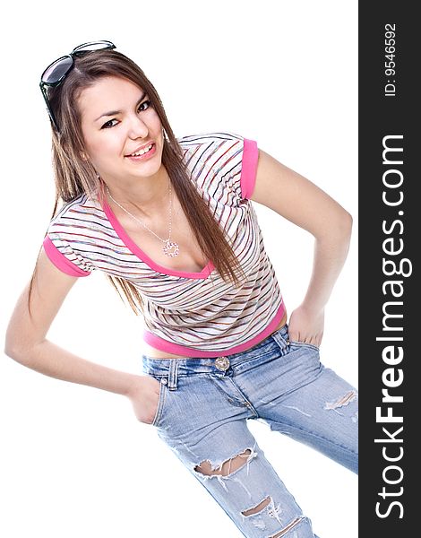 Woman in a pink shirt with the glasses on a white background