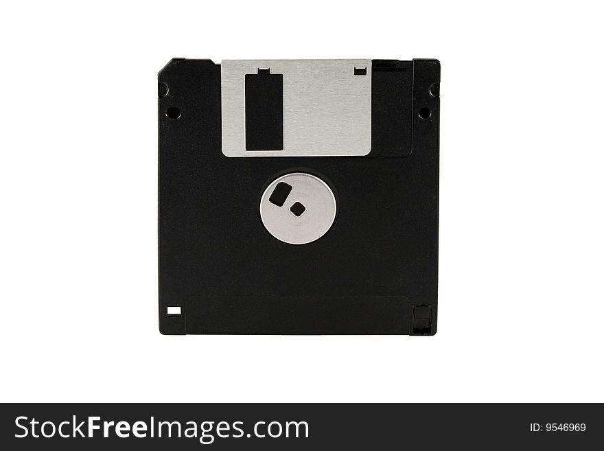 Black floppy diskette on white background close up
