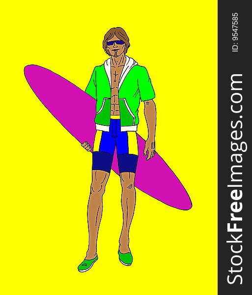 A man holding surf board on isolated yellow background. A man holding surf board on isolated yellow background