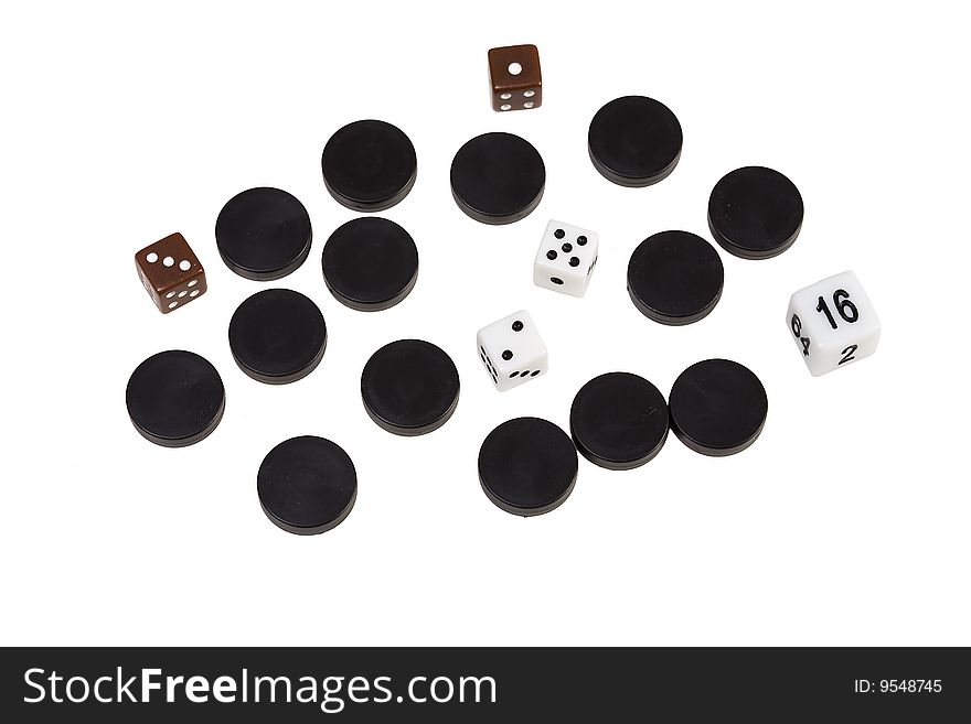 Black chips and dices on isolated background. Black chips and dices on isolated background