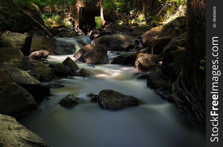 Stream Flowing Through Rocks in Forest